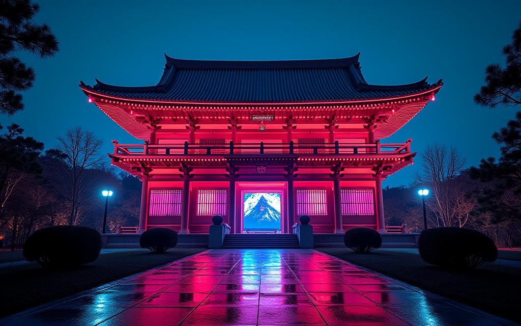 ネオンとプロジェクションでライトアップされた京都の寺院